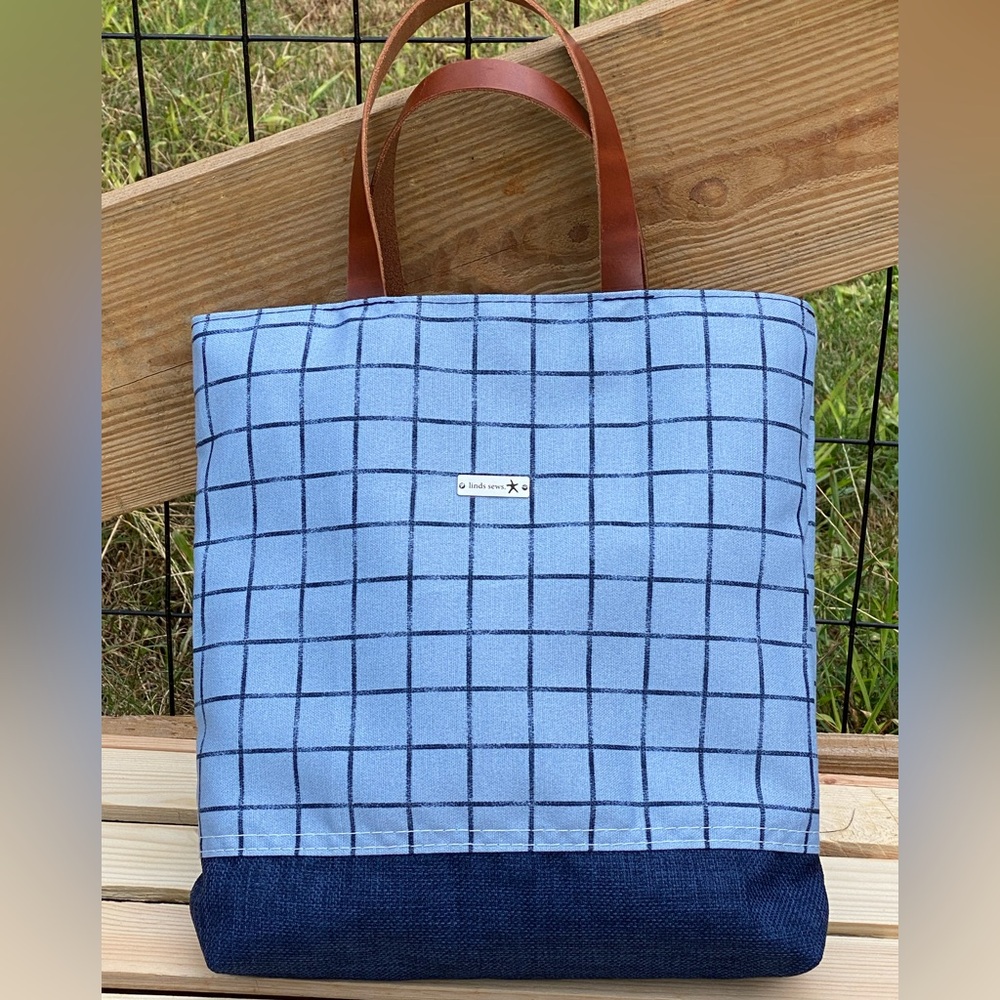 Blue Grid Pattern Canvas Tote Bag with Brown Leather Handles & Cotton Interior